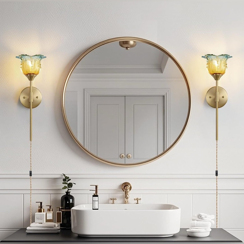 Gold Wall Sconces with Modern Flower Glass Shades - Plugin (set of 2) - Picture 6 of 7